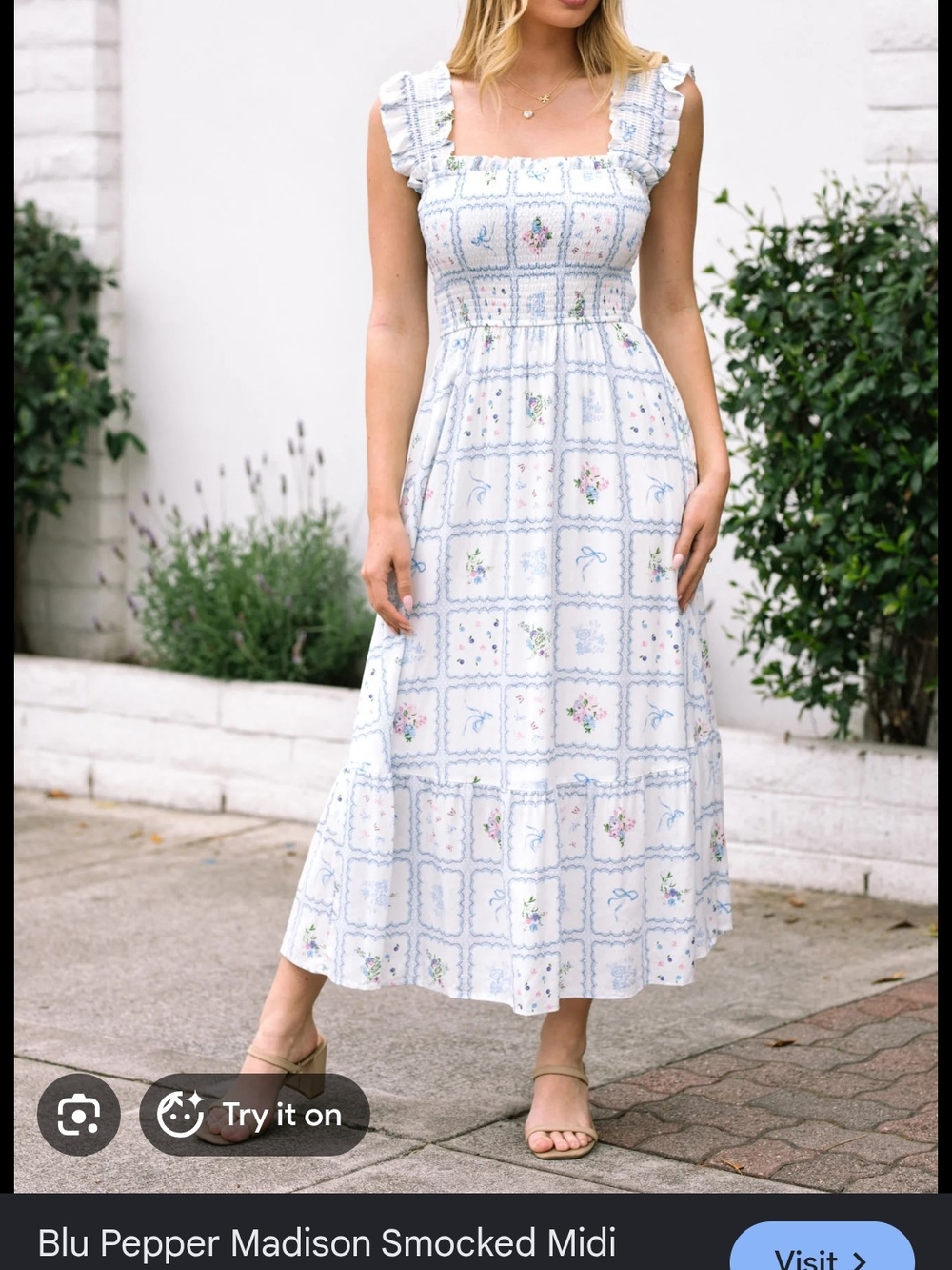 Blu Pepper Madison Smocked Midi Dress - White Blue Floral